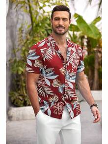Mens Hawaiian Shirt Short Sleeve Floral Button Down Shirts Tropical Summer Beach Shirts Camp Collar Shirthalloween - 紅葉 - 查看 6