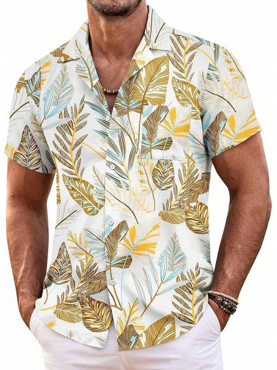 Mens Hawaiian Shirt Short Sleeve Floral Button Down Shirts Tropical Summer Beach Shirts Camp Collar Shirthalloween - W-棕櫚葉 - 查看 1