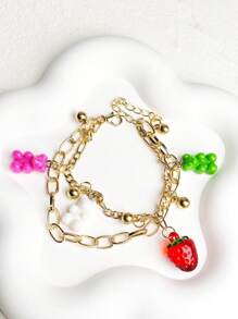 1 peça de pulseira com pingentes de urso de dopamina, com decoração de cereja e dupla camada, para mulheres, adequada para férias, festas, uso diário, acessório de pulseira com corrente de resina e metal