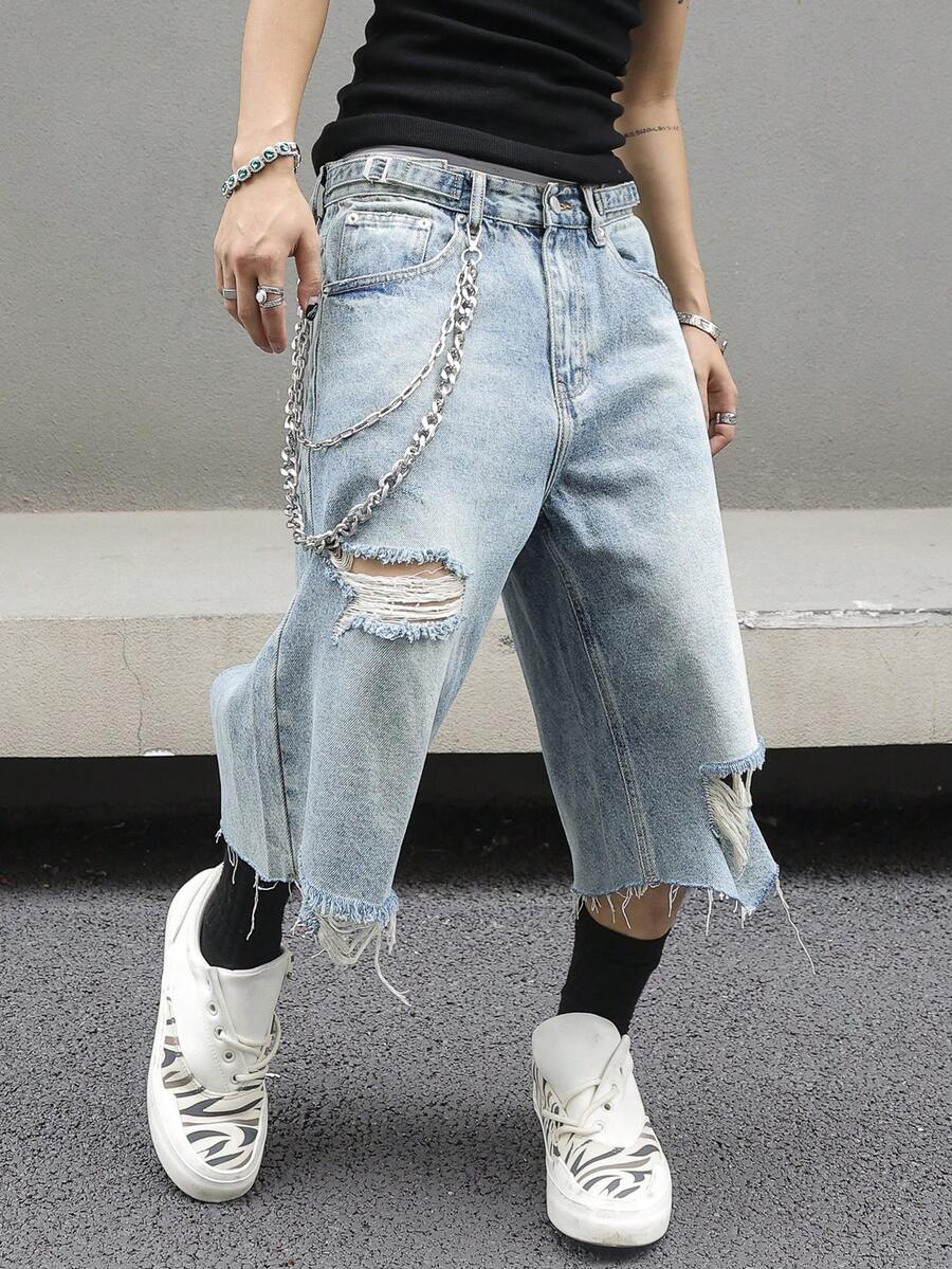 leev 男士直筒牛仔短裤，蓝色斜口袋，简约百搭，夏季宽松休闲装