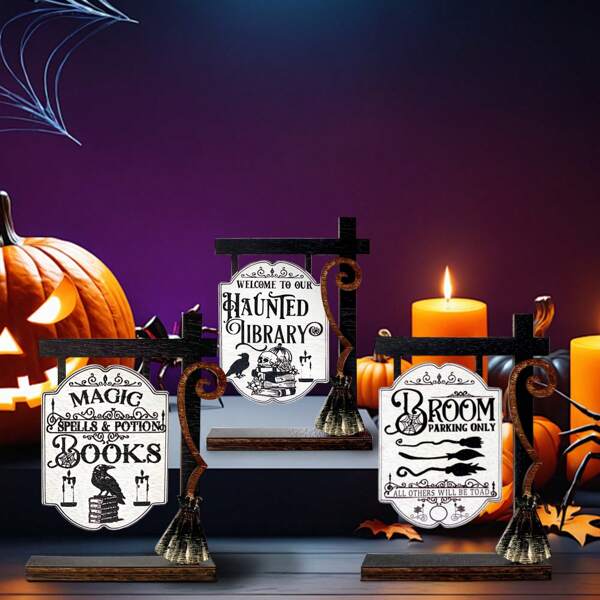Decoraciones de la biblioteca de Halloween, embrujadas, cartel de madera gótico, bizarro, estanterías, aficionado a los libros, esquinas de libros ocultos, decoración de bandeja escalonada de Halloween, regalo para lectores
