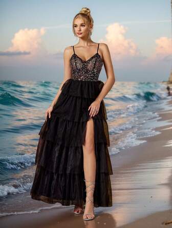 Modern A Line Spaghetti Beaded Prom Dress Sweetheart Neckline Cascade Evening Dress