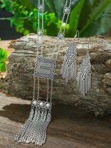 TopHanqi 3 Pieces Of Retro-Style Ancient Silver Geometric Alloy Chain Tassel Long Earrings And Necklace Set For Women In All Seasons, Daily Life And Work, Street Photography, Simple, Fashionable And Elegant Accessories - Antique Silver - View 3