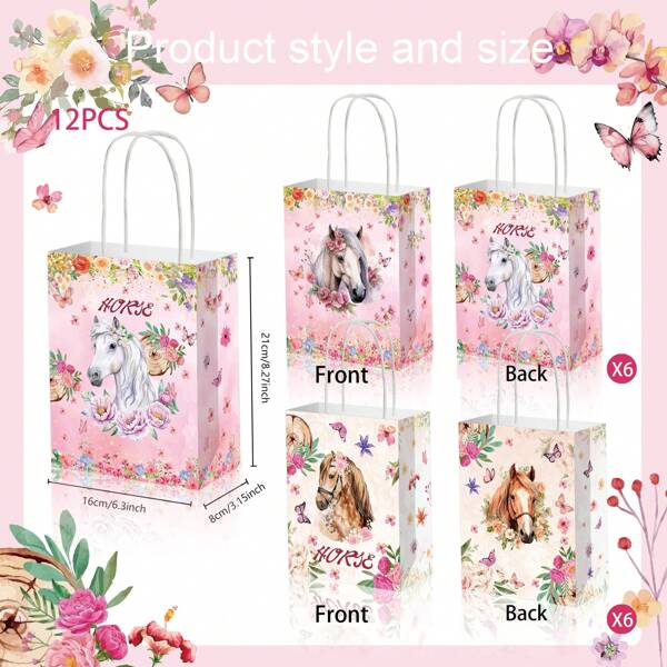 12pcs Horse & Flower Pattern Paper Gift Bags, Pink, Suitable For Horse Birthday Party Candy Gift Packaging