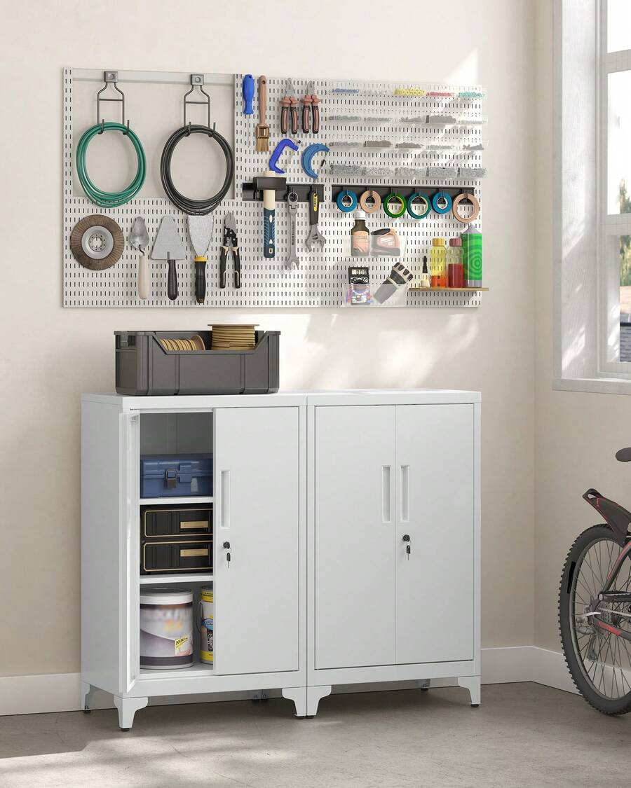 Caisson de Bureau, Placard Polyvalent, Armoire de Bureau à 2 Portes, Verrouillable, en Acier, pour Salon, Gris Mat - Gris pâle - Voir 1