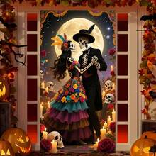 1 pezzo Striscione decorativo con sfondo floreale in stile messicano, caratterizzato da teschi, ballerini, fiori e la luna, adatto per il Giorno dei Morti, feste di Ognissanti e costumi da festa, temi universali - Multicolore - Visualizzare 4