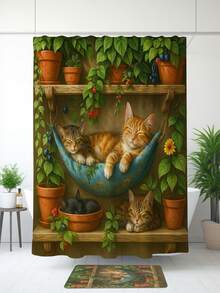 1/4 件套猫印花防水涤纶浴帘，带 12 个挂钩，现代个性化风格家居装饰窗帘套装，马桶盖套，U 型垫，防滑浴室垫，开学季适用 - 彩色 - 查看 3