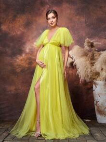 Faeriesty Dressalisa 奢华孕妇优雅低胸露背高开衩薄纱 A 字型婴儿洗礼裙，肩部荷叶边装饰，适合拍摄正式庆典 | 婚礼宾客礼服、晚会、正式活动、颁奖典礼服装 - 黃色 - 查看 3