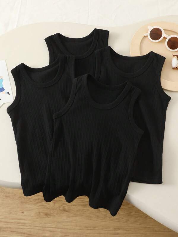 4pcs/Set Boys' Solid Black Undershirt Vests