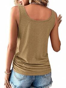 Womens U Neck Tops Summer Sleeveless Loose Button Casual Henley Shirts - Khaki - View 3