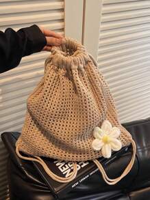 Woven Drawstring Backpack For Women, Simple & Fashion Handbag, Beige Crochet Sling Bag With Open Design, New Minimalist Hollow Knitted Drawstring Backpack, Bohemian Crochet Tote Bag - Stylish Summer Beach Shoulder Bag, Suitable For Casual Outings And Relaxation, Beach Bag For Beach And Casual Wear, Beach Essential, School Backpack