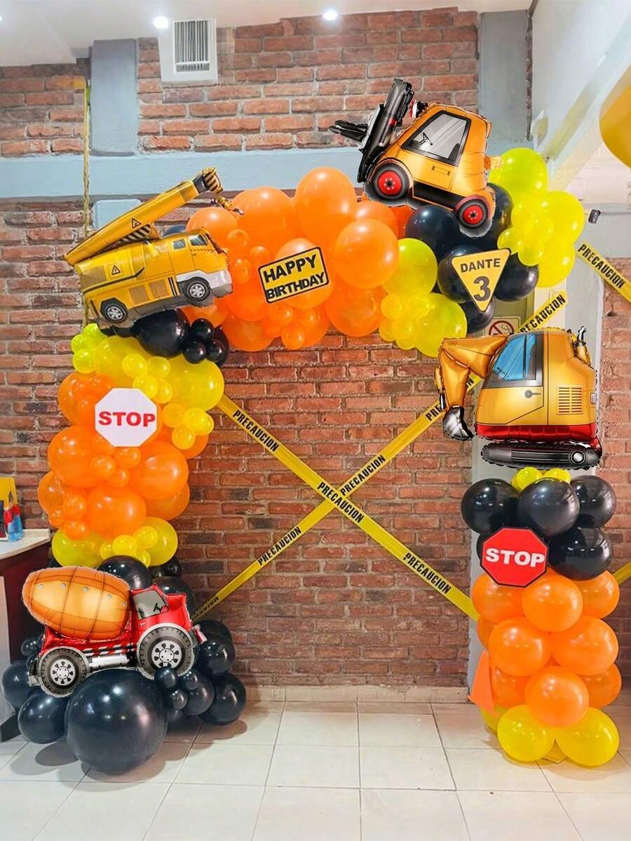 109 件/4 件建筑主题气球花环拱门套件，包含叉车、起重机、水泥车、挖掘机铝箔气球，适用于生日派对气球装饰、建筑主题派对、背景装饰 - 彩色 - 查看 1