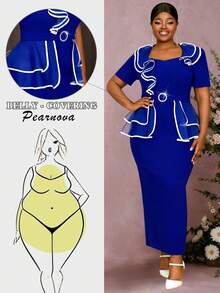 Plus Size Long Blue Dresses Asymmetrical Ruffles White Color Blocking Peplum Belly Hide Curve Party Wedding Guest Cocktail Dress - Blue - View 4