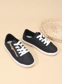 1 Pair Boys/Girls PU Leather Lace-Up Side Zipper Classic Student Shoes, Thick Sole Anti-Slip Durable Soft Bottom Casual Sneakers, Suitable For All Seasons