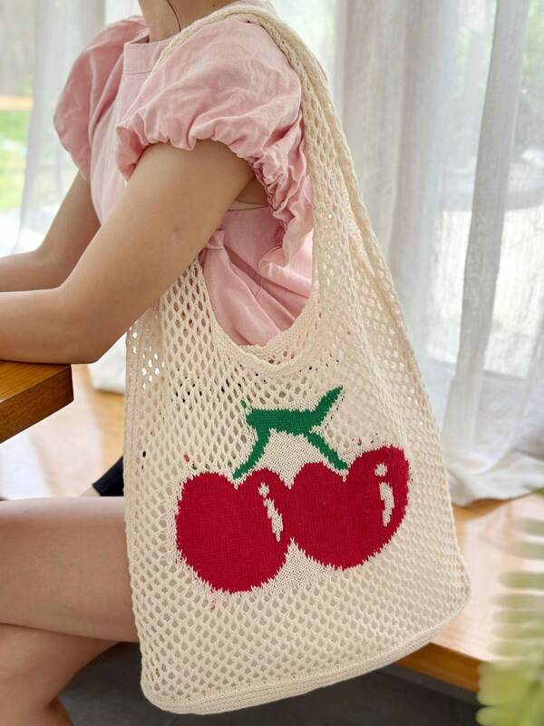 Fashionable Large Capacity Tote Bag, Women's Casual Crochet Hand Bag, Hollow-Out Strawberry Pattern Beach Bag, Lightweight Shoulder Bag Suitable For Teenager Girls, College Students, Vacation, Outdoor Travel, Beach, Daily Use, Travel Essential, Perfect Gift For Women