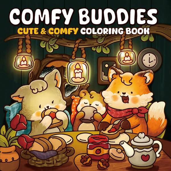 Comfy Buddies | Quebra-cabeça e alívio do estresse | Livro de colorir para adultos, incluindo cenas aconchegantes, como uma família saindo para observar as estrelas e lavando frutas em um riacho. Os padrões são requintados e as linhas são nítidas. Livro de colorir | Rabiscos interativos DIY para pais e filhos | Presente de aniversário infantil, volta às aulas, material escolar