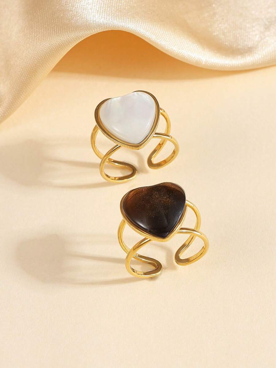 1pc/2pcs Stainless Steel Vintage Gold Tone Rings Set, With Inlaid White & Brown Rhombus Gems, Suitable For Women's Daily Wear Or Gift