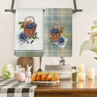 1/1/2 Set di asciugamani da cucina a cesto con decorazione a cialda di mirtilli - in morbido poliestere, fazzoletti decorativi, con disegni di frutta da dessert, stile country casa, decorazione cucina country moderna, motivo a cialda, dimensione 40*60cm, adatto per decorazione di feste e raduni familiari, può essere usato come regalo.
