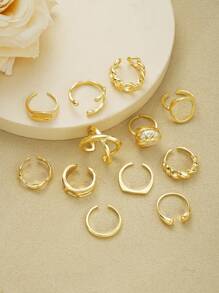 12pcs Exaggerated Luxurious Hollow Pearl Design Gold-Color Ring Set, For Ladies Everyday, Party, Wedding Wear, Fashion Jewelry Gift For Girlfriends