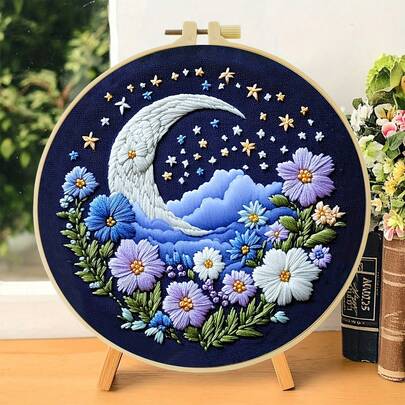 1 件刺绣套件，20x20cm/7.9x7.9 英寸，手工 DIY 刺绣套件，带有月亮和彩色花卉图案，适合成人初学者，包括绣花布、说明书、绣花框和针线，适合送给朋友或家人、家具、办公室的礼物。手工艺术品