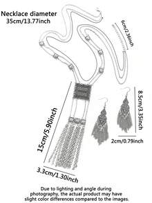 TopHanqi 3 Pieces Of Retro-Style Ancient Silver Geometric Alloy Chain Tassel Long Earrings And Necklace Set For Women In All Seasons, Daily Life And Work, Street Photography, Simple, Fashionable And Elegant Accessories - Antique Silver - View 8