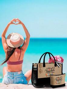 手提包和钱包，肩带手提包，印有“伟大的老师”字样，卡包，多功能便携式教师手提包，教师感谢亚麻包，女士礼物，便携式休闲收纳手提包，多功能购物袋 - 彩色 - 查看 3