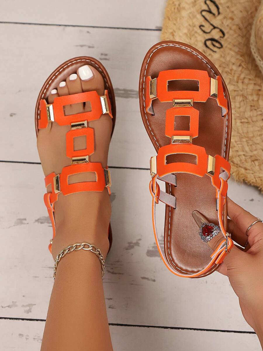 Sandálias Rasteiras Femininas Novas Com Fivela Quadrada Para Decoração Primavera/Verão, Sandálias De Praia Femininas, Xadrez, Festa Na Praia, Resort, Moda Casual, Casamento, Ao Ar Livre, Sandálias Rasteiras Com Fivela Vazada, Praia, Festival, Academia, Resort, Festa Ao Ar Livre, Casamento, Primavera/Verão