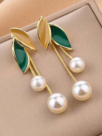 1 Pair Leaf Tassel Earrings, Suitable For Women's Daily And Festival Wear