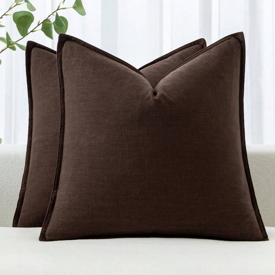 Local Delivery- Decorative Linen Pillow Covers 18x18 Inch Natural Beige Boho Farmhouse Neutral Couch Throw Pillows For Bed Pack Of 2 Accent Outdoor Pillowcase Modern Sofa Cushion Livingroom Home Decor - Dark Brown - 查看 1