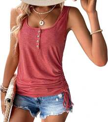 Womens U Neck Tops Summer Sleeveless Loose Button Casual Henley Shirts - Khaki - View 11