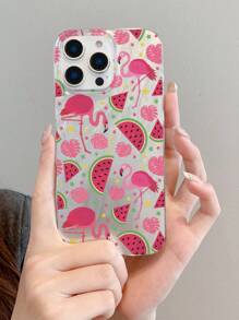 1 pieza Funda de teléfono transparente a prueba de golpes con diseño de sandía y flamenco, material IMD, apta como regalo de vacaciones para iPhone 15, 16 Pro/Pro Max, 14, 15, 16 Plus, resistente a huellas dactilares y arañazos