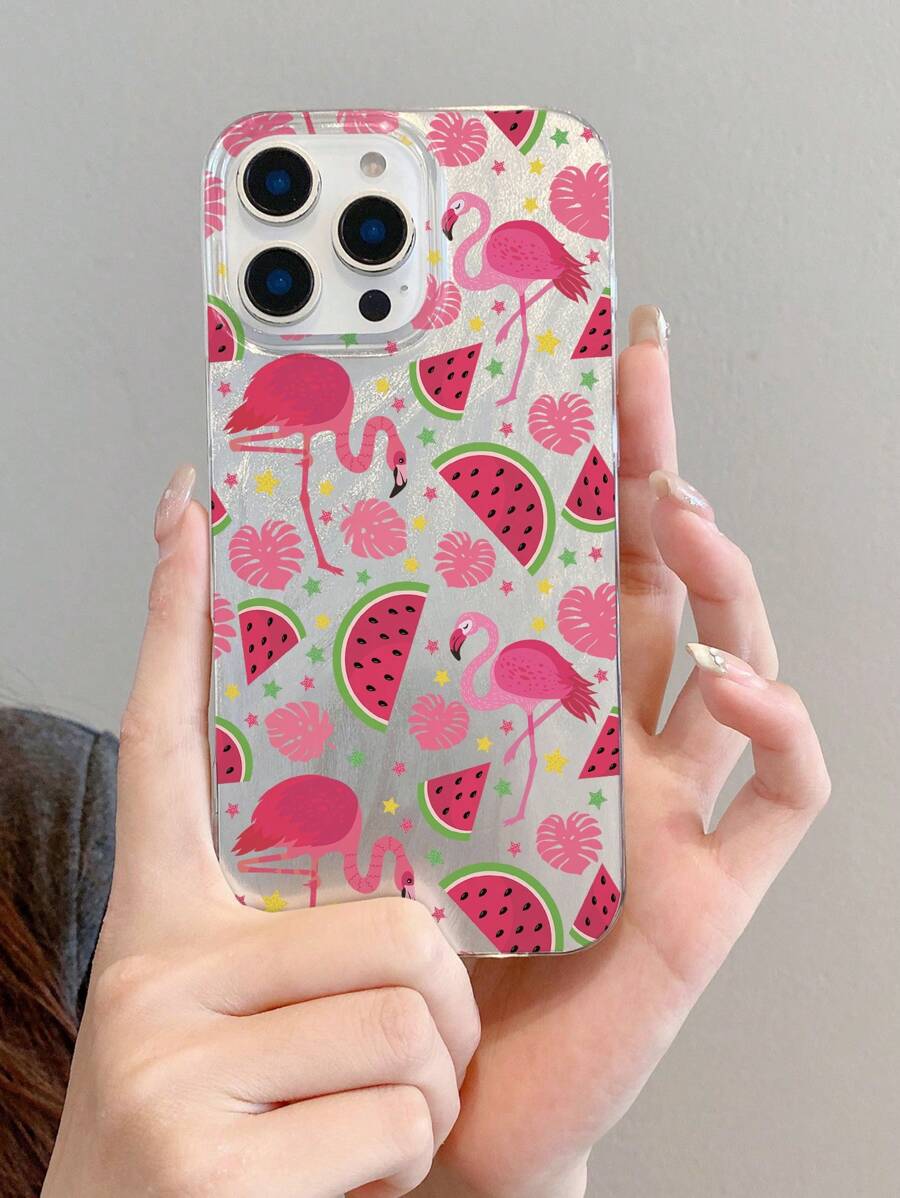 1 pieza Funda de teléfono transparente a prueba de golpes con diseño de sandía y flamenco, material IMD, apta como regalo de vacaciones para iPhone 15, 16 Pro/Pro Max, 14, 15, 16 Plus, resistente a huellas dactilares y arañazos