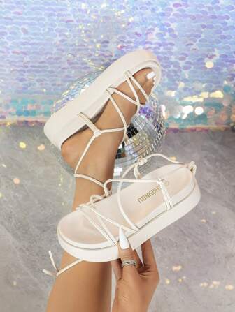 女士坡跟厚底防水台凉鞋，厚高跟拖鞋，沙滩鞋，时尚交叉系带休闲凉鞋