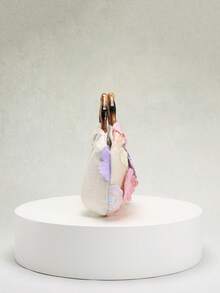 1 件 Sculptedstyle 多色花卉图案装饰亚麻面料时尚网眼刺绣褶皱手提包，复古竹制手柄，适合优雅长裙、波西米亚风格连衣裙（随机花卉图案） - 米色 - 查看 8