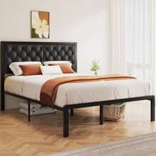 Estructura de cama Queen Gunji con cabecero acolchado, estructura de cama metálica de plataforma con almacenamiento debajo de la cama, sistema de soporte totalmente metálico, sin necesidad de caja de resortes, sin ruido, fácil montaje, gris oscuro