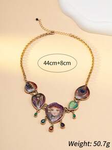 1pc Necklace + 1 Pair Earrings, Featuring The Mysterious Oriental Design And Energetic European & American Fashion. The Necklace Is Designed With Artistic Portrait Engravings, Peacock Feathers, Colorful Glass Beads, And Gemstone Tassels. The Earrings Recreate The Same Luxurious Middle Eastern Palace Style And Unique Street Personalized.