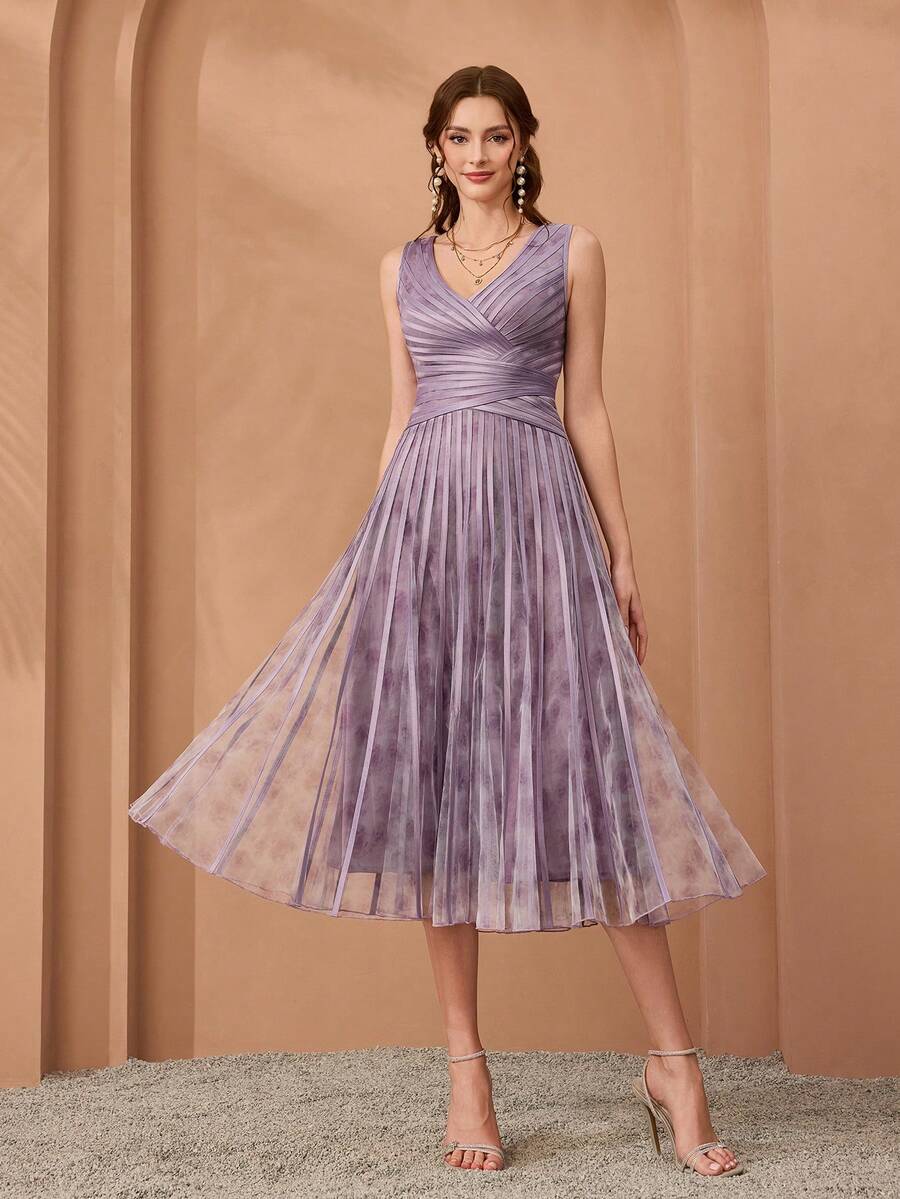 Elegant V-Neck Printed Mesh Drawstring High Low Hem Evening Dress Wedding Spring Party