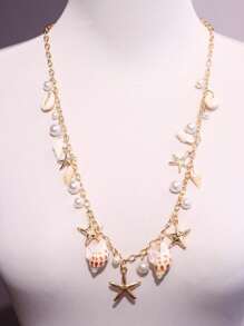 1pc Fashionable, Exquisite, Luxury Summer Beach Resort Style Starfish, Shell, Seashell, Pearl Decor Long Necklace For Women, Daily & Beach Outfit Jewelry