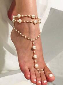 Sexy Lingerie Accessories Women's Pearl Anklet With Turquoise Beads - Toe Ring Connected Beach Foot Jewelry For Summer Party