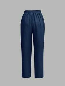 Women Fashion Casual Elegant Pants With Slant Pockets And Button Details, Suitable For Commuting - Navy Blue - View 3
