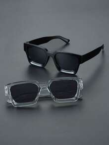 2 piezas Gafas de moda de estilo minimalista moderno con marco de plástico geométrico clásico, adecuadas para conducir, acampar, viajes al aire libre, vacaciones en la playa tropical, salidas familiares y otras ocasiones, accesorio de moda - 2 piezas Combinación de gris negro y gris transparente - Ver 4