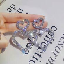 1 Pair European & American Fashion Exaggerated Rhinestone Dual Heart Dangle Earrings, Elegant & Versatile - Silver - View 5