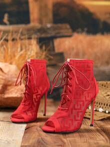 2025 秋冬性感时尚红色网眼露趾 12 厘米细高跟系带休闲百搭靴夜店靴