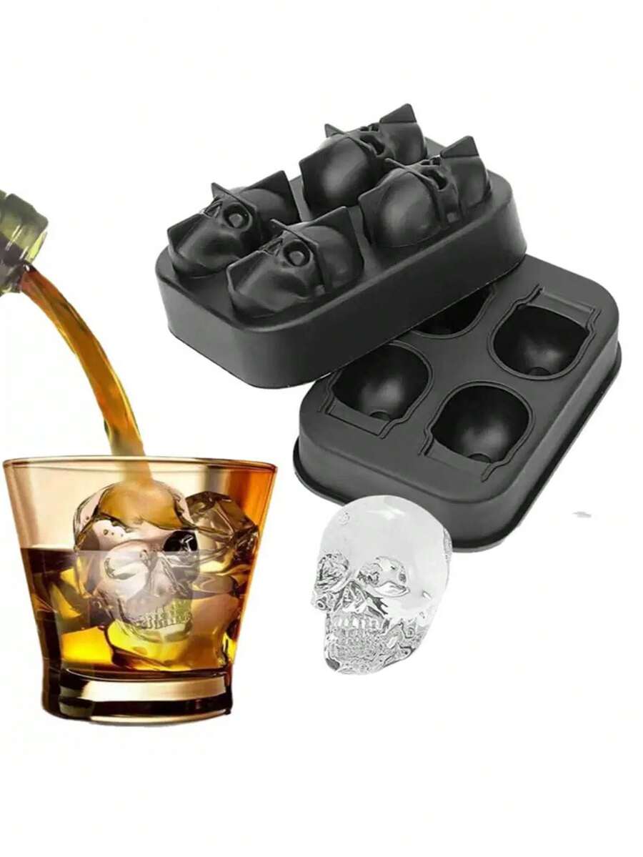 1pc Silicone Skull Shape Ice Cube Tray Mold, Whiskey Ice Ball Maker For Home Use - Black - View 1