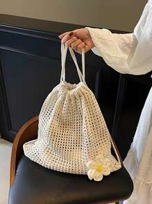 Woven Drawstring Backpack For Women, Simple & Fashion Handbag, Beige Crochet Sling Bag With Open Design, New Minimalist Hollow Knitted Drawstring Backpack, Bohemian Crochet Tote Bag - Stylish Summer Beach Shoulder Bag, Suitable For Casual Outings And Relaxation, Beach Bag For Beach And Casual Wear, Beach Essential, School Backpack