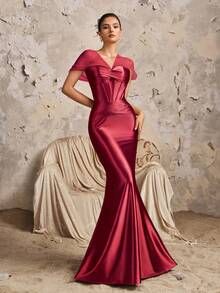 Vintage Muse Göttin Off-Shoulder Mesh-Ärmel Satin Meerjungfrau tailliertes Luxus sexy Weihnachtsparty Maxikleid, Brautjungfernkleid - Bordeaux - Übersicht 5