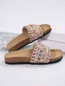 2025 Spring/Summer New Bohemian Rainbow Color Flat Sole Casual Slide Sandals, Comfortable Suitable For Leisure, Home, Indoor And Outdoor Use (Rivet Color Random) - Gold - View 6