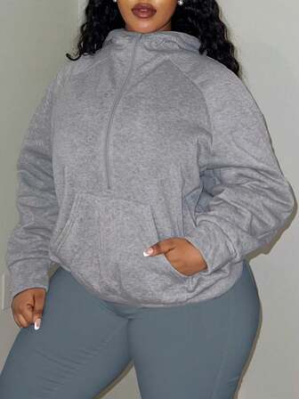 LovelyWholesale Plus Size Women's Casual Simple Daily Hooded Collar Half-Zip Access Control Long Sleeve Pocket Sweatshirt Spring Autumn