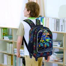 3PCS Car Rolling Bookbag For Boys, Kids School Backpack With Wheels, UV Printed Roller Wheeled Bookbag Set With Lunch Box