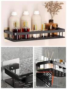 半件装黑色浴室置物架，大容量免打孔壁挂式，铝合金材质，壁挂式洗发水架，浴室毛巾架，壁挂式长方形支架，粘贴式浴室淋浴架，适用于浴室和厨房，节省空间的悬挂式置物架，易于安装，黑色金属材质，防锈抛光处理，用于存放洗漱用品、化妆品和杂物，洗发水和护发素收纳整理架，浴室配件，浴室工具 - 多色 - 查看 9